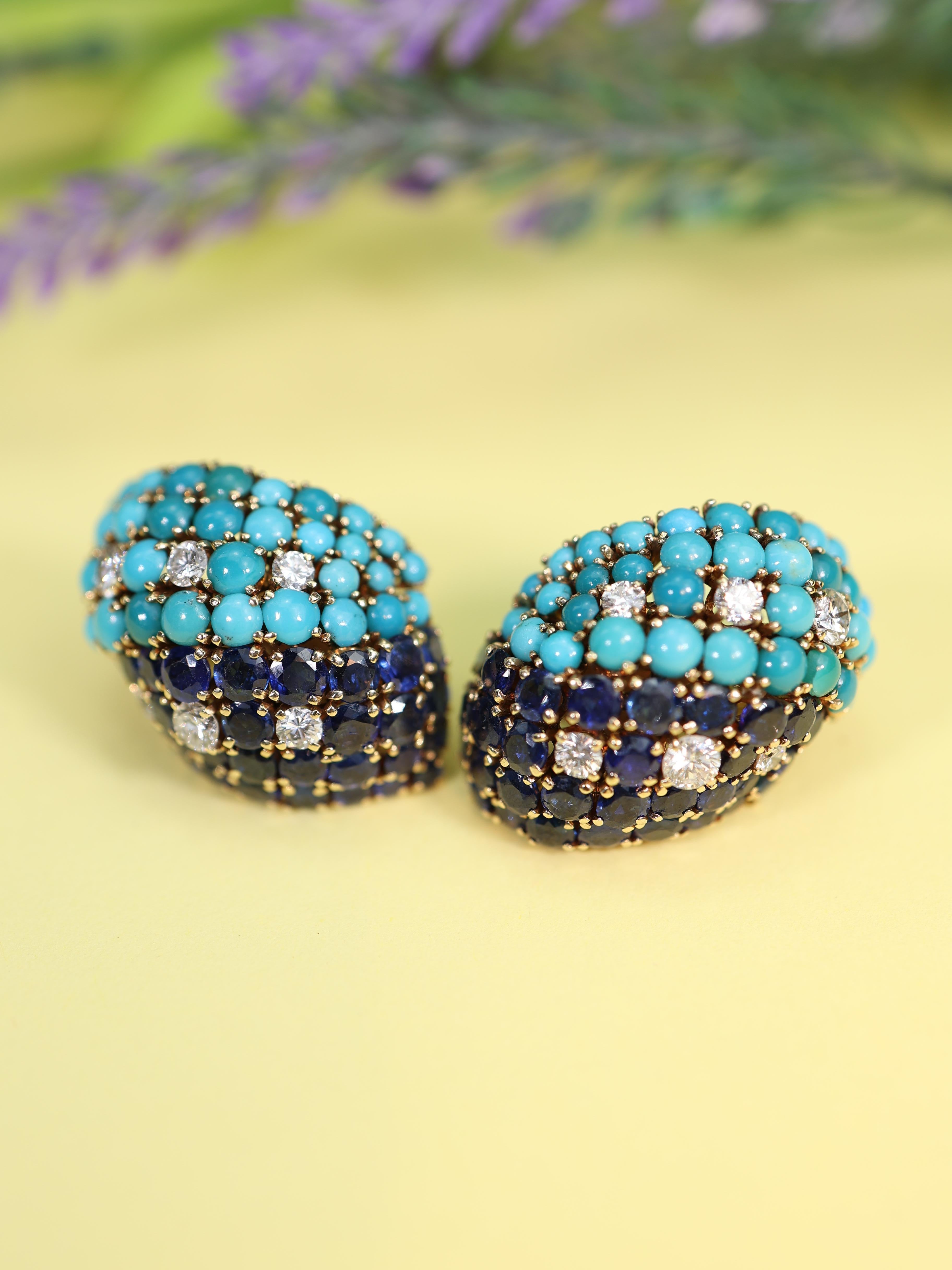 David Webb, boucles d'oreilles en or 18 carats, turquoise, saphir et diamant en vente 1