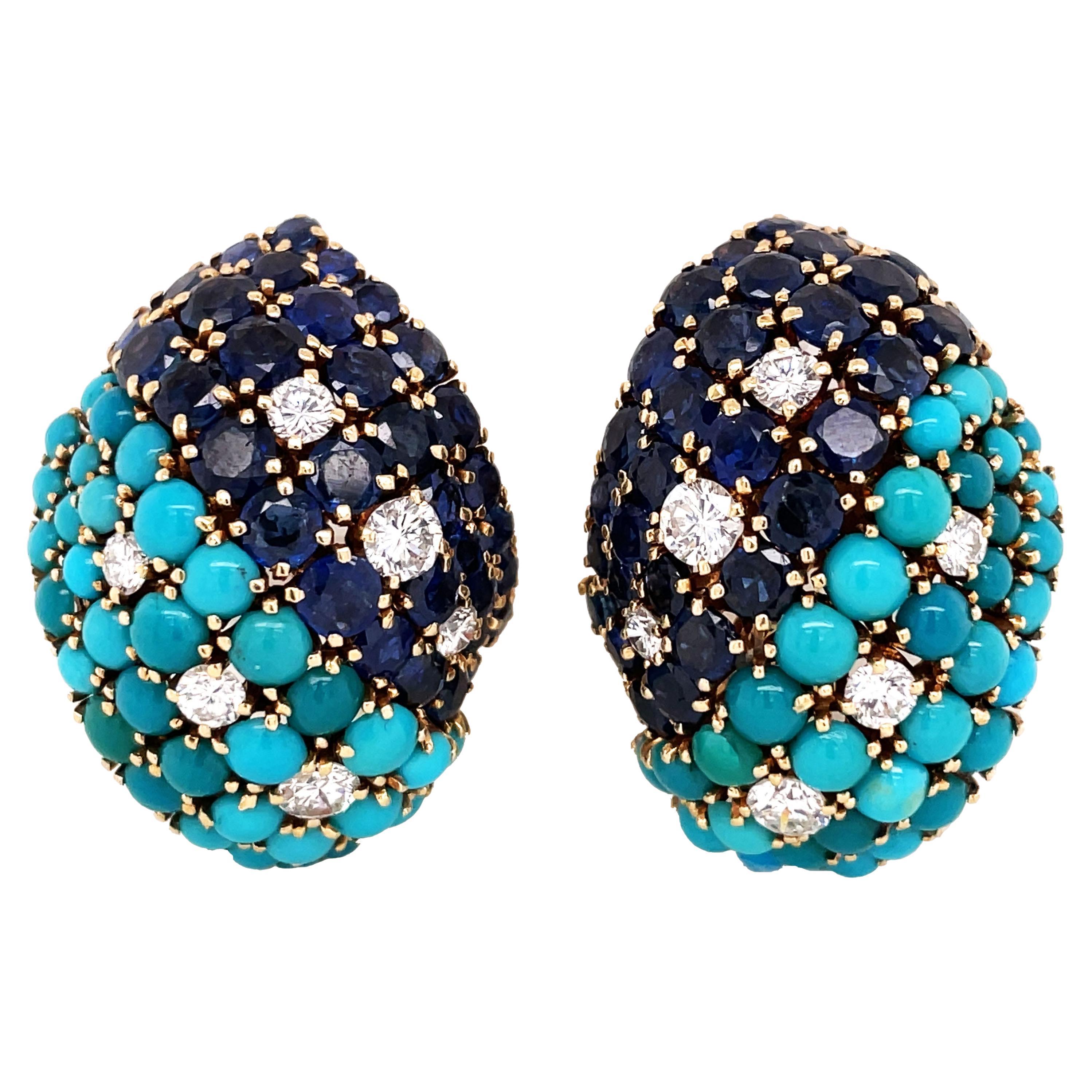 David Webb, 18K Gold Turquoise Sapphire Diamond Earrings