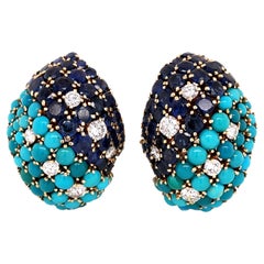 David Webb, 18K Gold Turquoise Sapphire Diamond Earrings