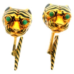 David Webb 18k Gold W/ Black Enamel Work & Green Stone Eyes Tiger Cufflinks