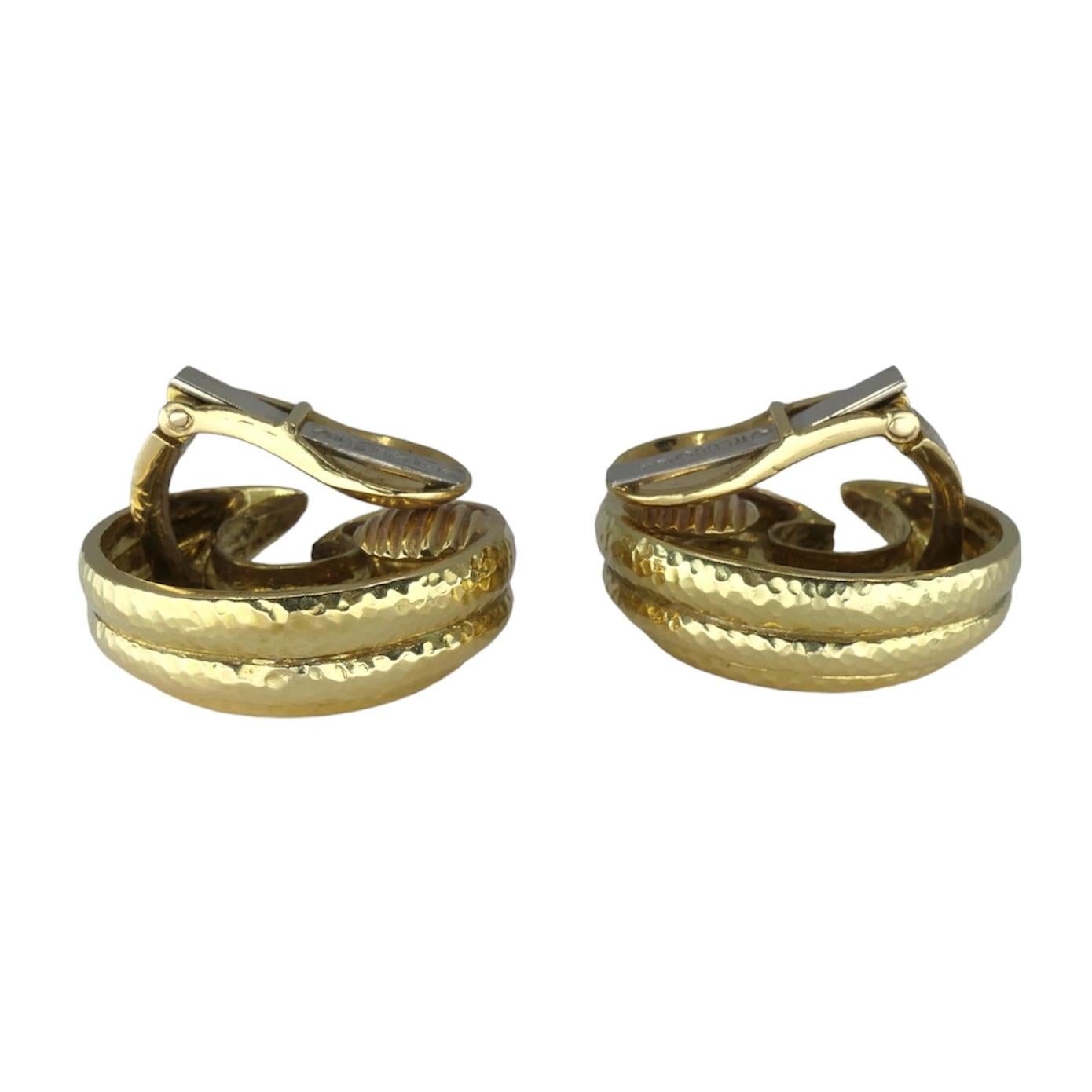 Women's David Webb 18k Hammered Gold Crescent Earrings For Sale