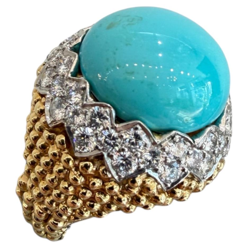 David Webb 18k Platin Bold Türkis und Diamant Statement Ring Beaded Design