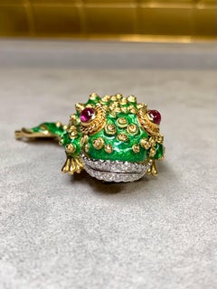 David Webb 18K Platinum Diamond Cabochon Ruby Tadpole Frog Brooch