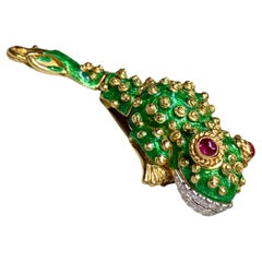 David Webb 18K Platinum Diamond Cabochon Ruby Tadpole Frog Brooch