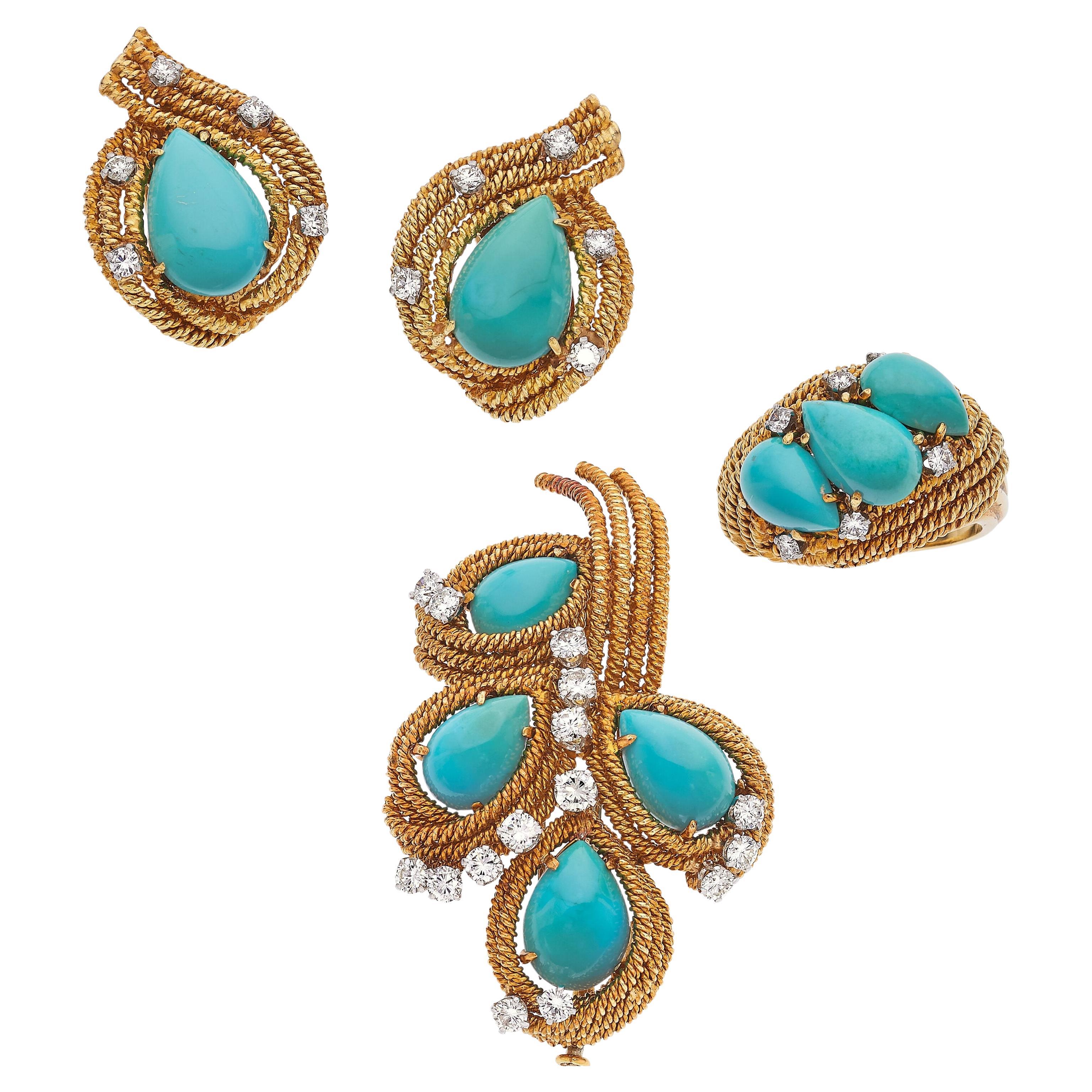 David Webb 18k Rose Gold Turquoise & Diamond Jewelry Set (Brooch, Ring, Earring) For Sale