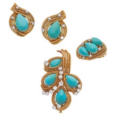 David Webb 18k Rose Gold Turquoise & Diamond Jewelry Set (Brooch, Ring, Earring)