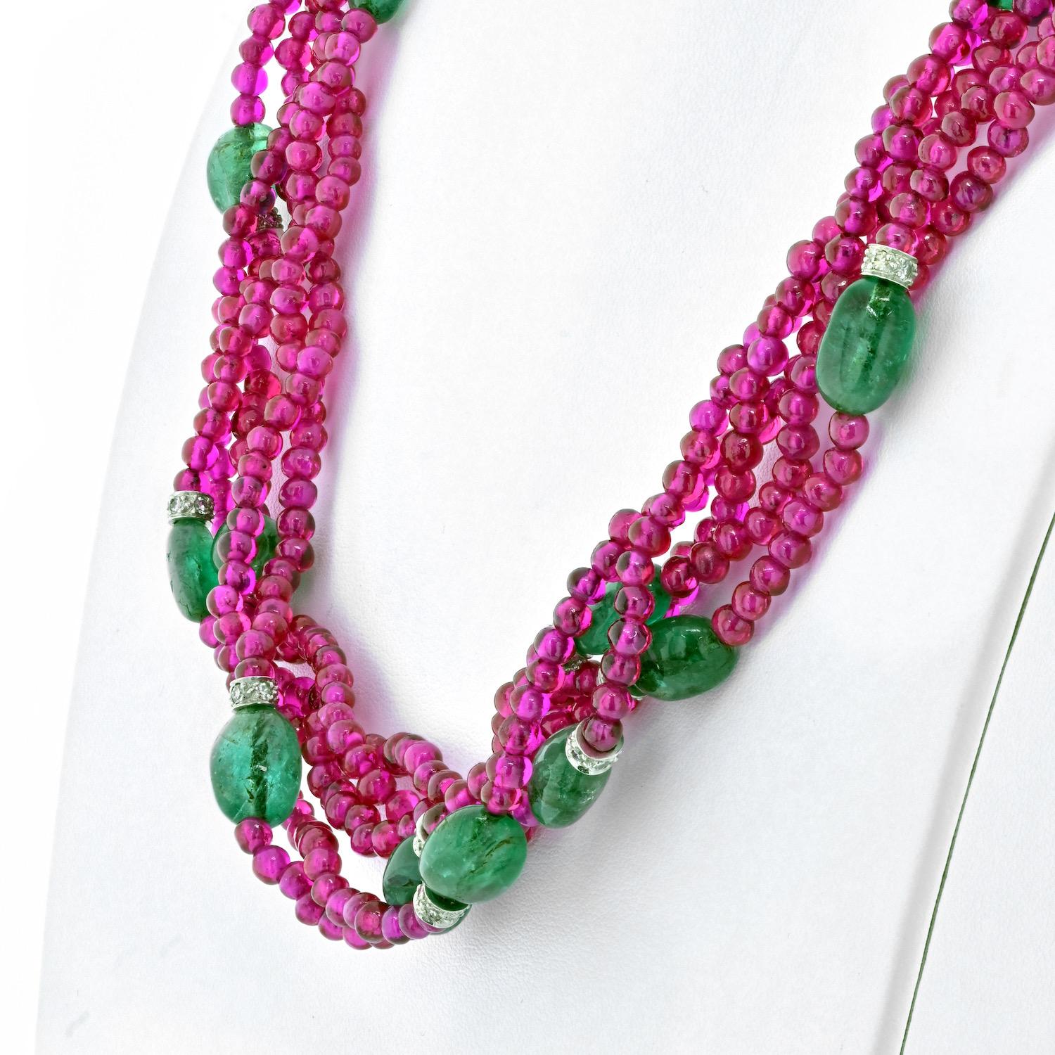 Modern David Webb 18K White Gold 5 Strand Of Ruby And Sapphires Necklace For Sale