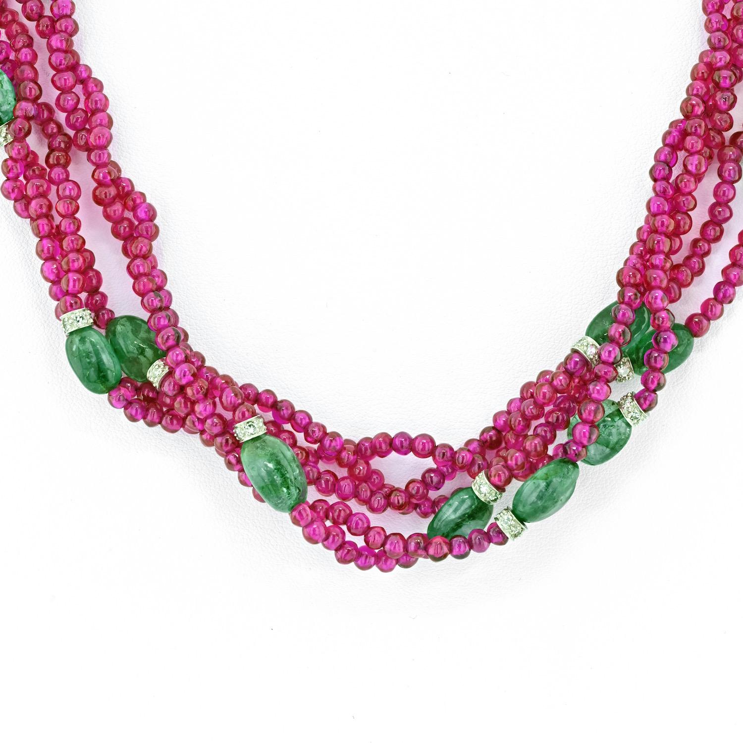 David Webb 18K White Gold 5 Strand Of Ruby And Sapphires Necklace In Excellent Condition For Sale In New York, NY