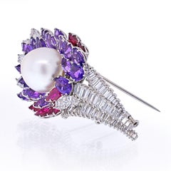 David Webb 18k White Gold Diamond, Amethysts, Ruby and Pearl Brooch