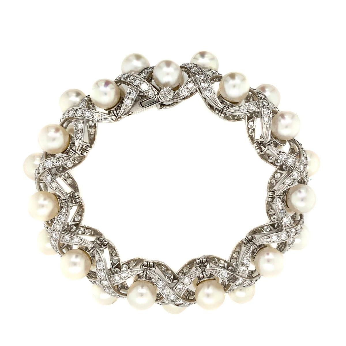 David Webb 18 Karat White Gold Diamond Cultured Pearl Bracelet 1