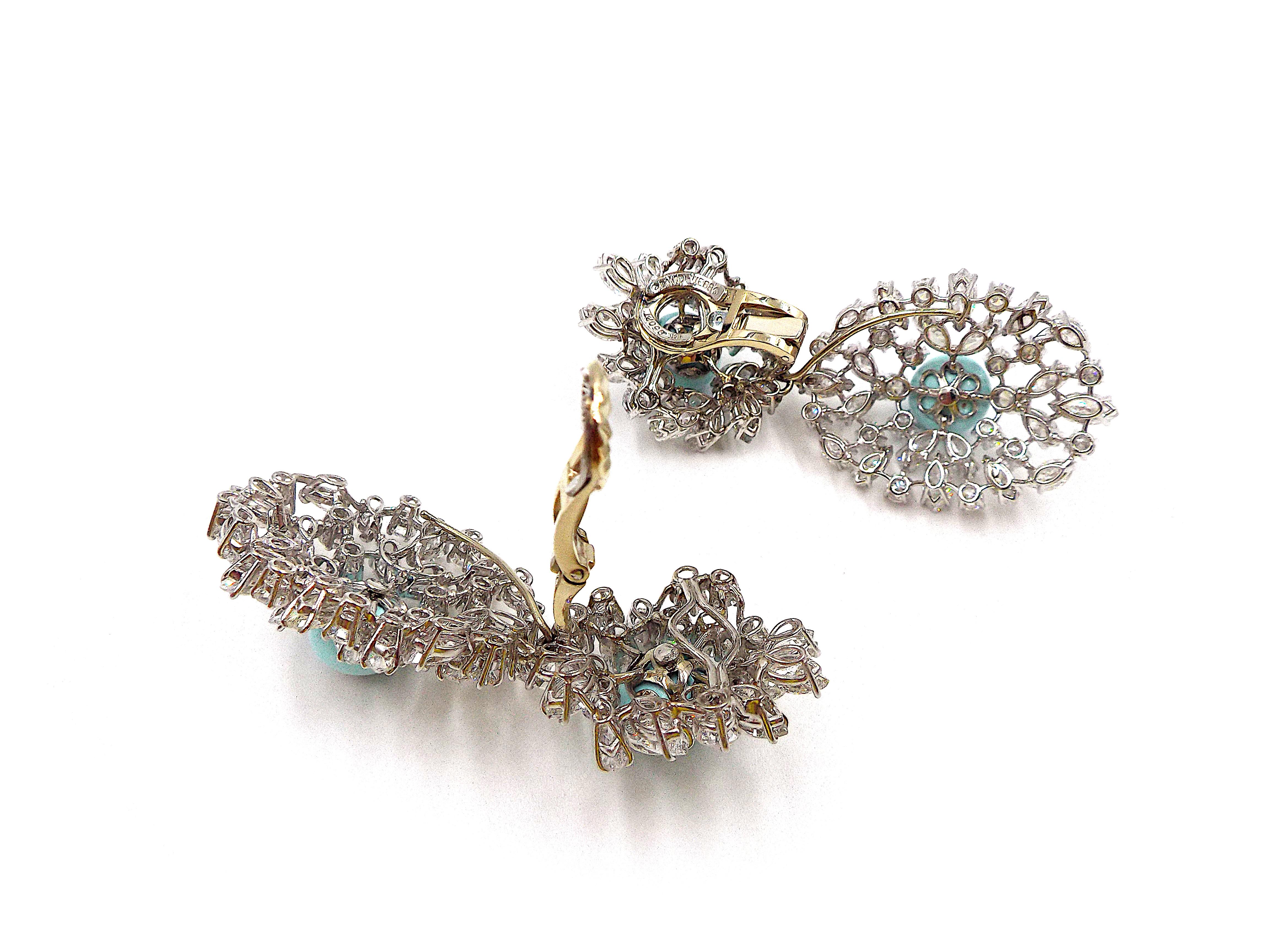 Cabochon David Webb 18K White Gold Platinum Turquoise Diamond Day Night Earrings For Sale
