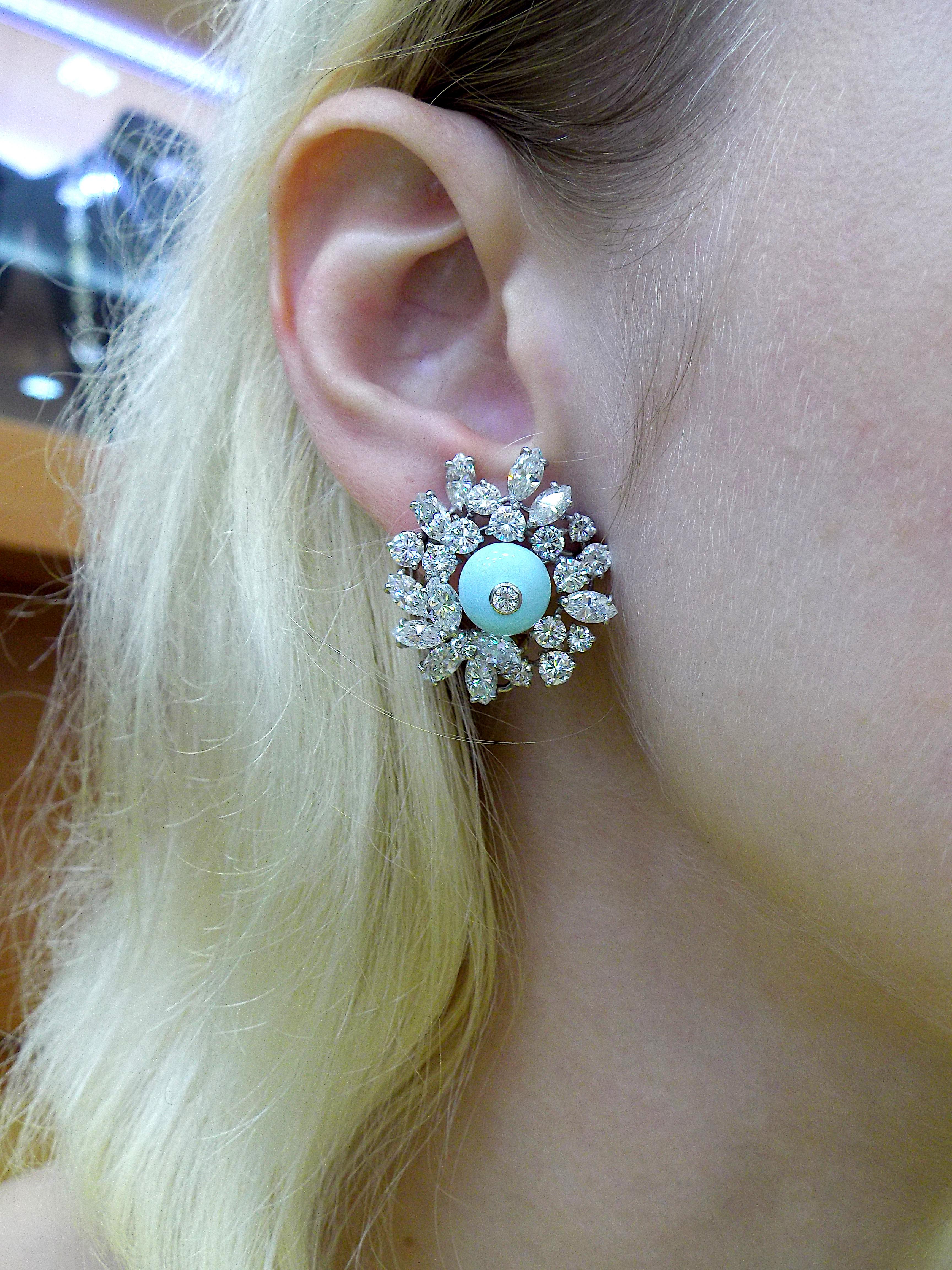 Women's David Webb 18K White Gold Platinum Turquoise Diamond Day Night Earrings For Sale