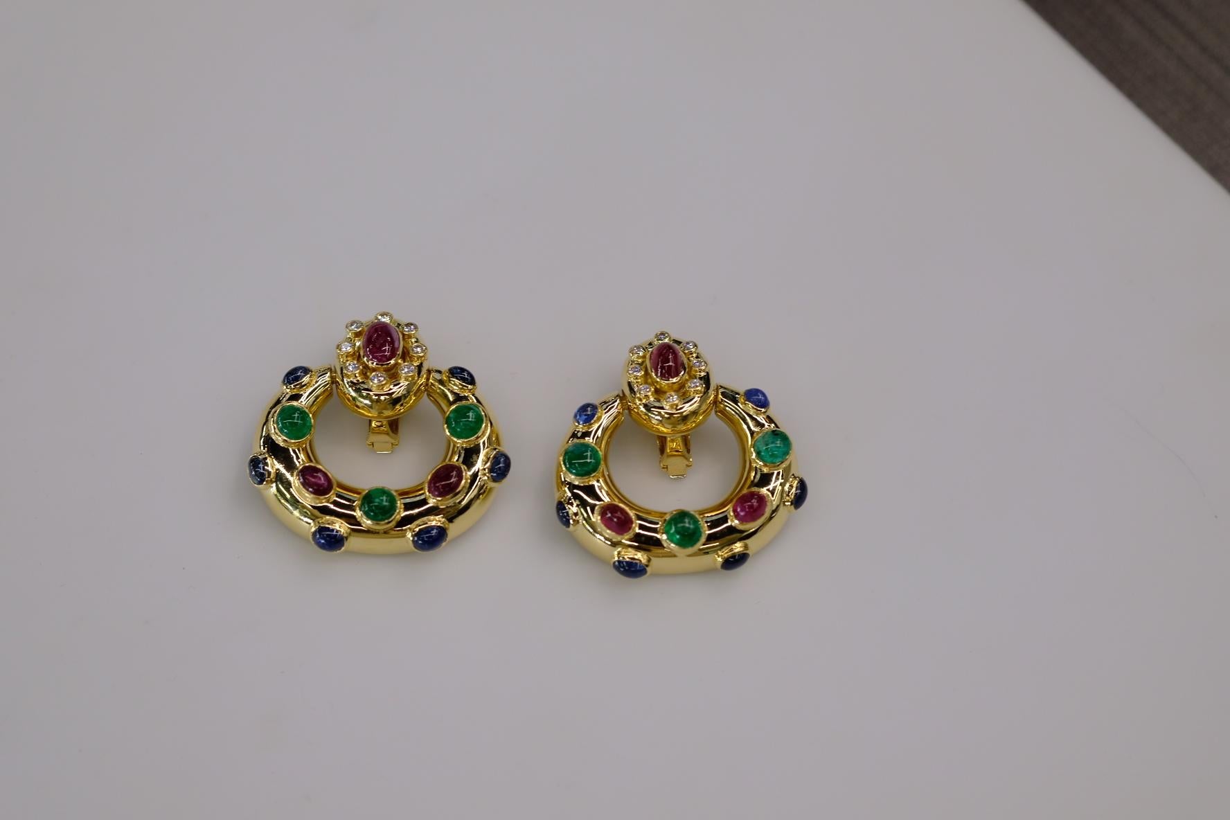 David Webb 18K White Gold Ruby, Emerald and Sapphire Door Knockers Earrings In Excellent Condition For Sale In New York, NY