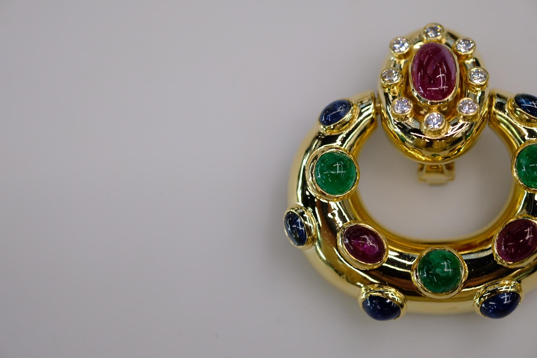 Women's David Webb 18K White Gold Ruby, Emerald and Sapphire Door Knockers Earrings For Sale