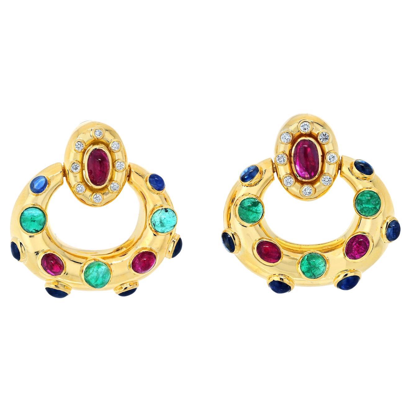 David Webb 18K White Gold Ruby, Emerald and Sapphire Door Knockers Earrings For Sale