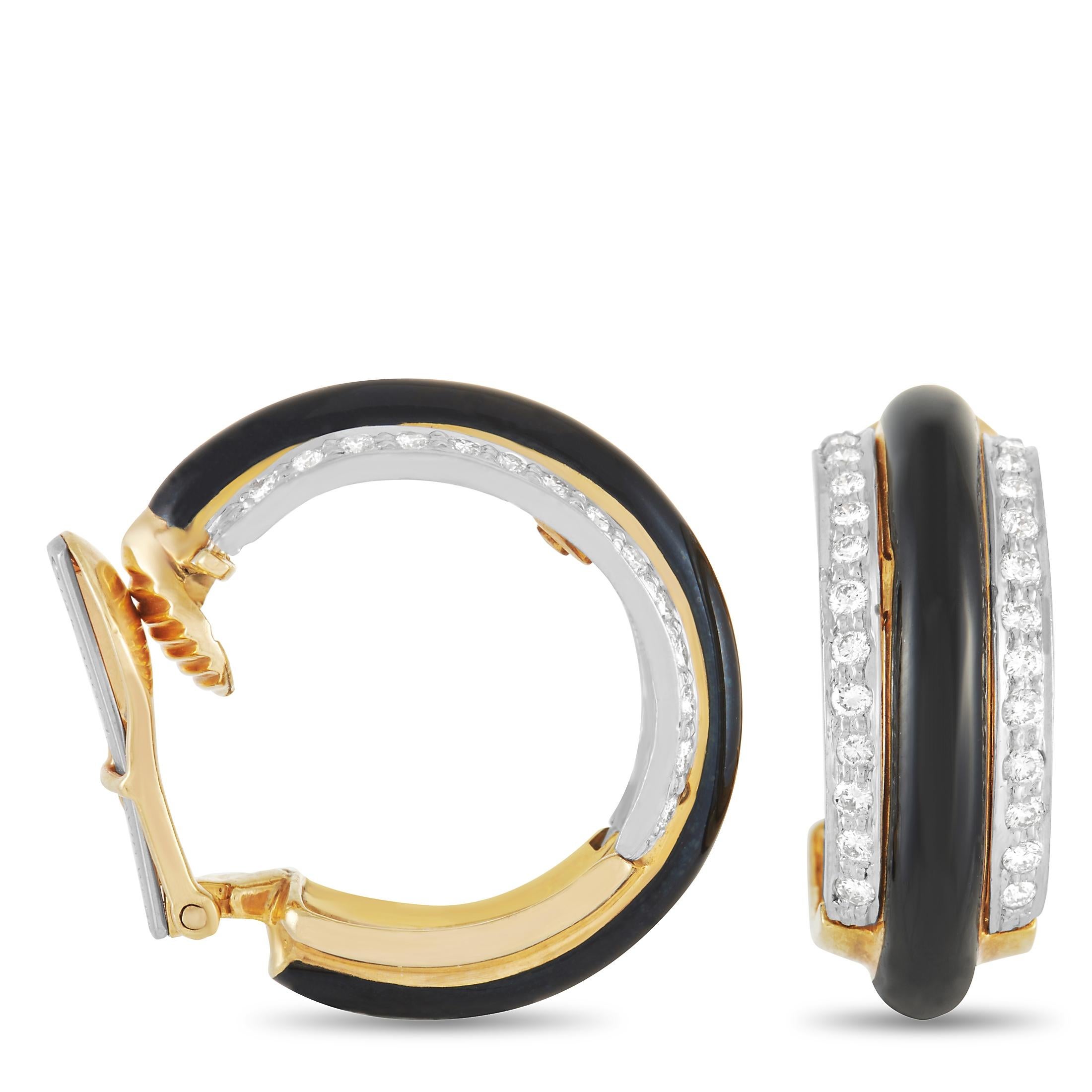 These unique David Webb 18K Yellow Gold 1.26 ct Diamond Onyx Earrings are made with 18K yellow gold and are set with two rows of 1.26 carats of round diamonds around the outside of both hoops. Between the rows of diamonds, there is a band of onyx