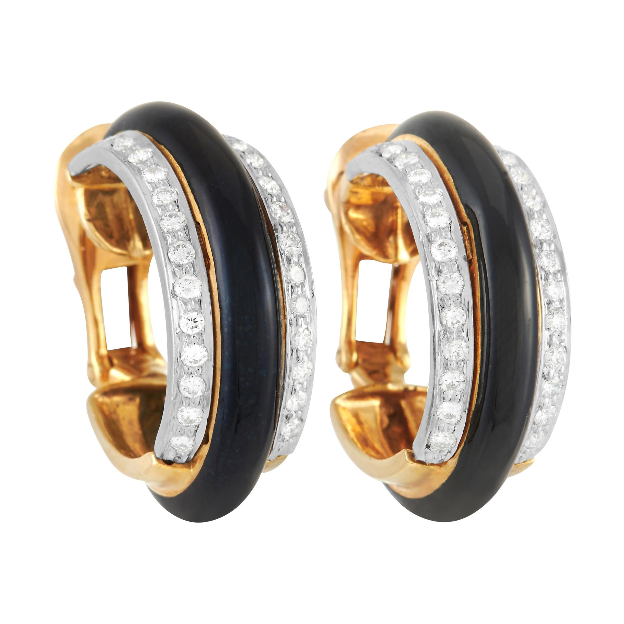 David Webb 18k Yellow Gold 1.26 Ct Diamond and Onyx Earrings