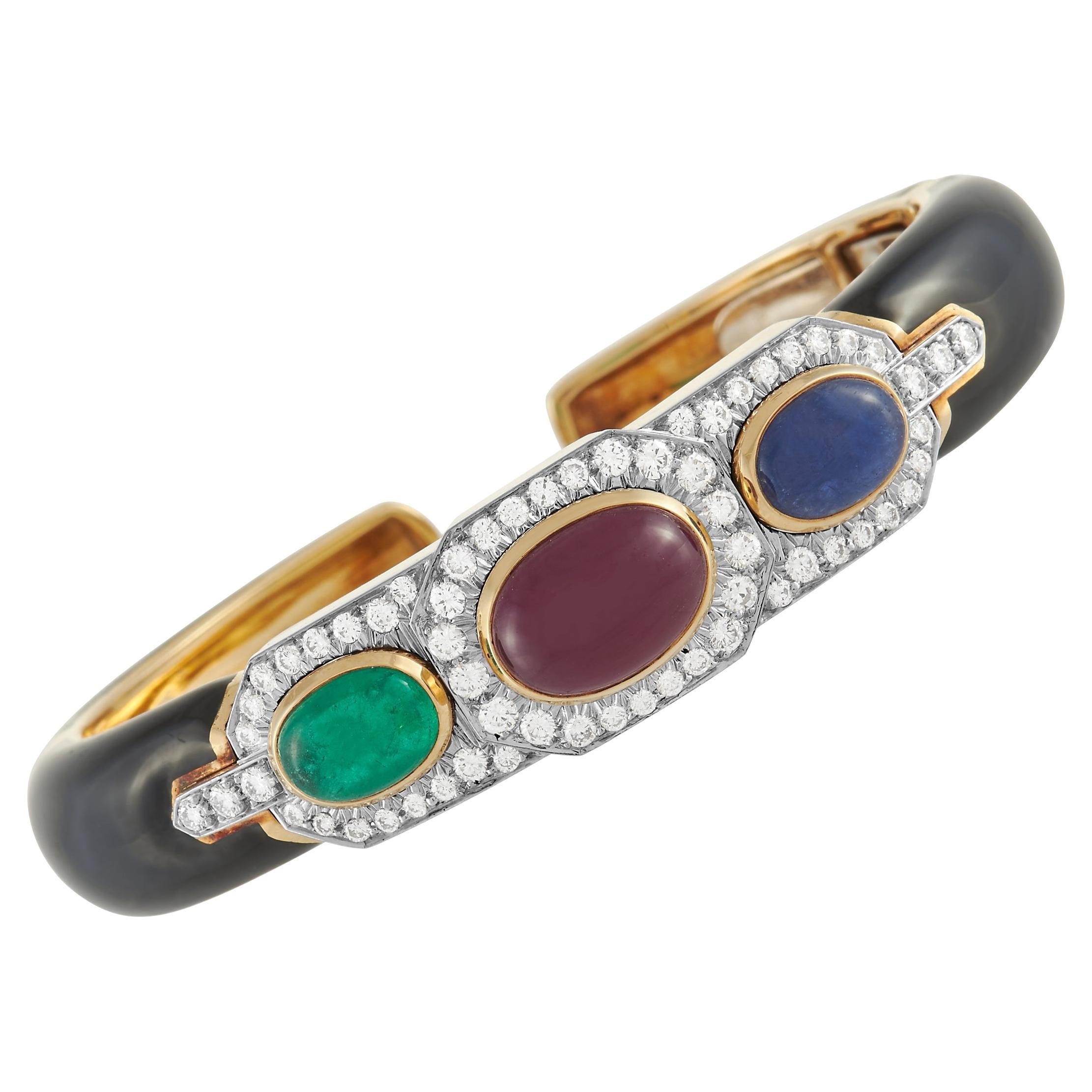 David Webb 18K Yellow Gold 1.50 Ct Diamond, Ruby, Sapphire and Enamel Bracelet