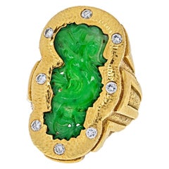 David Webb 18K Yellow Gold 1970's Carved Jade Dragon Style Ring