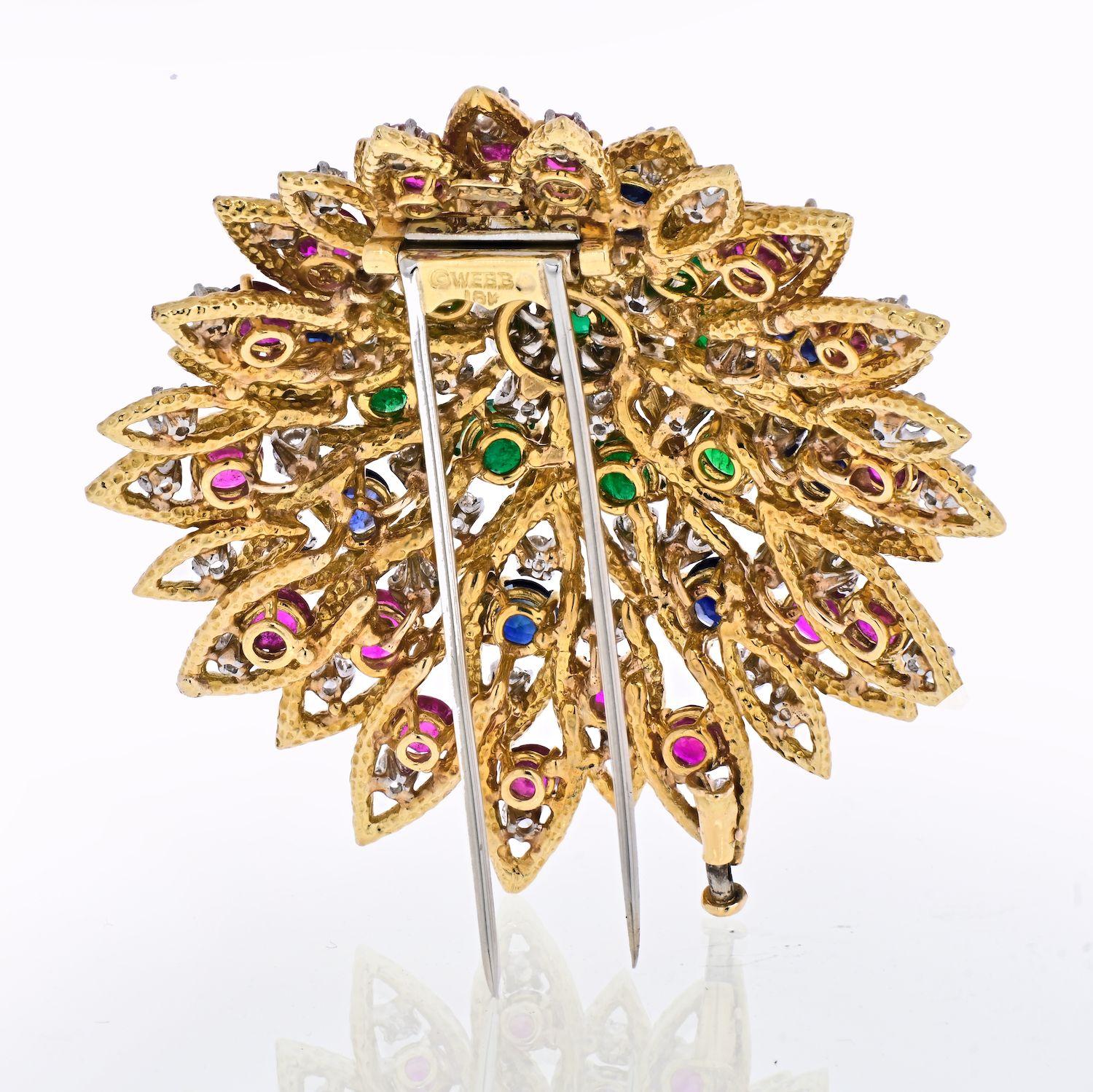 David Webb 18k Yellow Gold 1970's Multicolor Gemstone Brooch In Excellent Condition For Sale In New York, NY