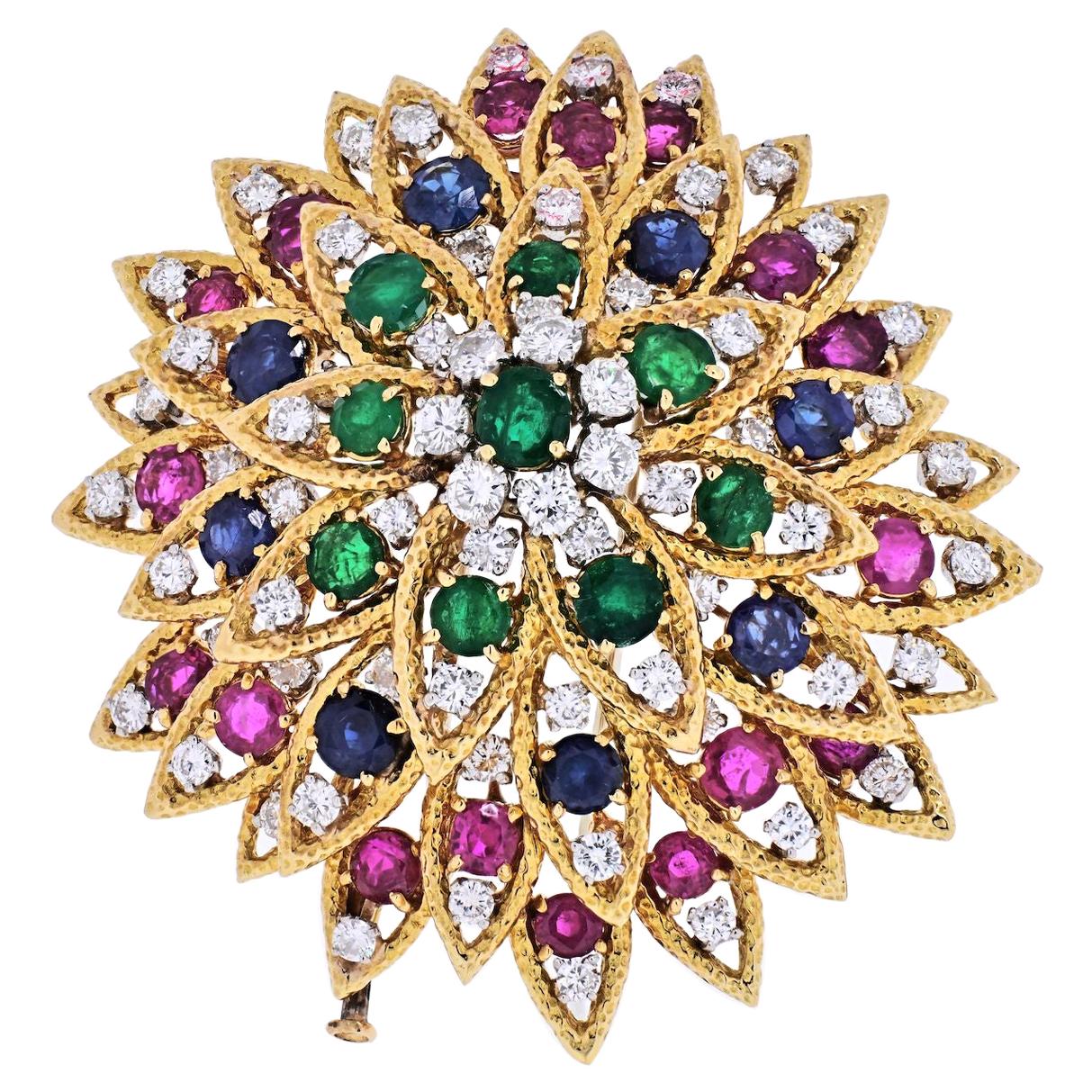 David Webb 18k Yellow Gold 1970's Multicolor Gemstone Brooch For Sale