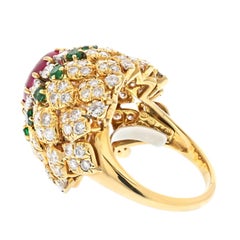 David Webb 18k Yellow Gold 1970s Ruby, Diamond and Emerald Cocktail Ring