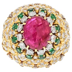 David Webb 18k Yellow Gold 1970s Ruby, Diamond and Emerald Cocktail Ring