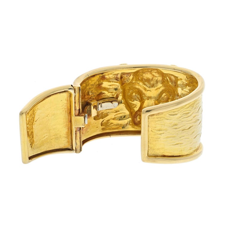 Modern David Webb 18K Yellow Gold 1979 Taurus Bull Hinged Wide Cuff Bracelet For Sale