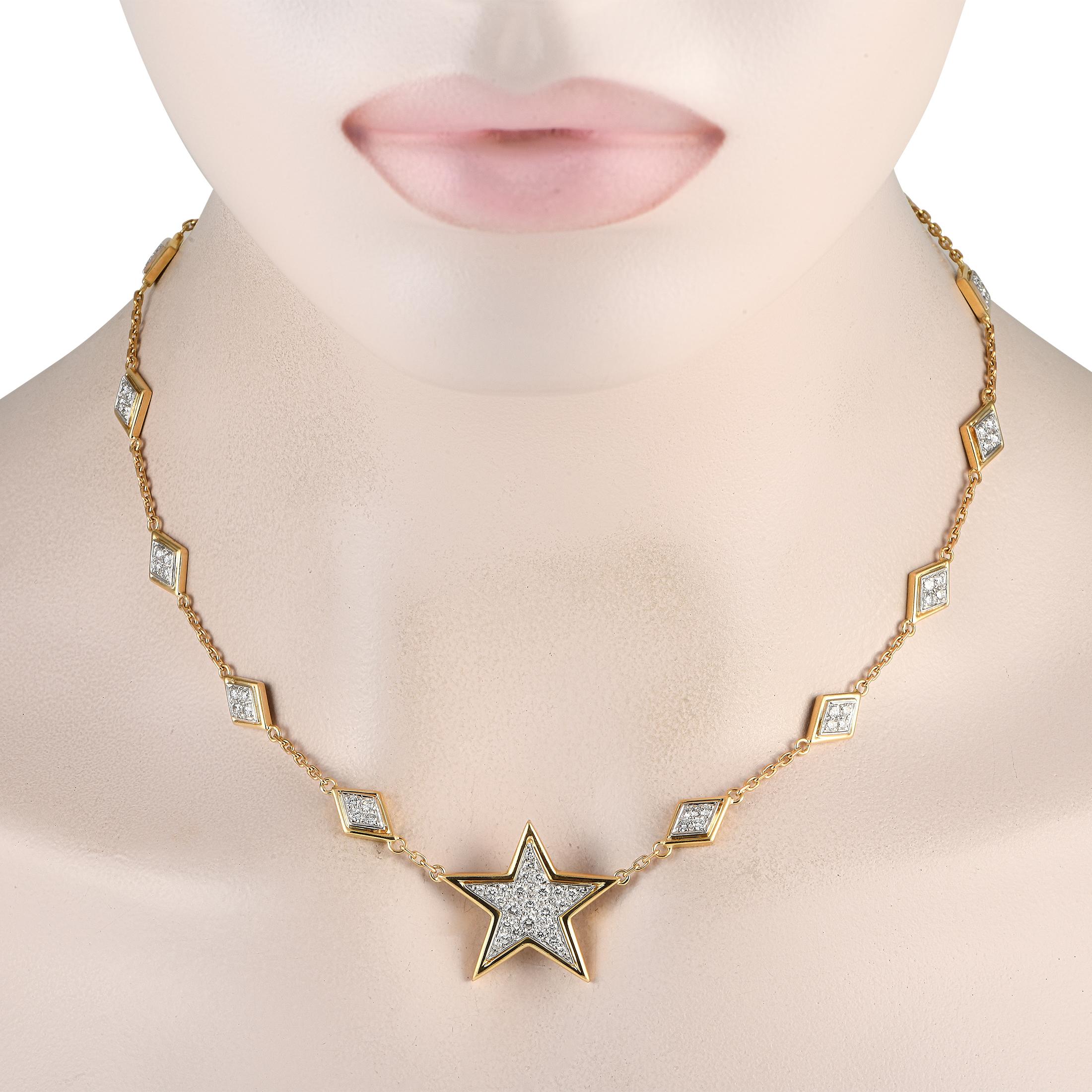 Shine like the brightest star in the sky with this 2.0 ct diamond necklace from David Webb. This stellar piece features a yellow gold chain with a star-shaped pendant embellished with a diamond cluster. Along the chain's length are yellow gold