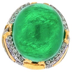 David Webb 18K Yellow Gold 54 Carat Cabochon Cut Green Emerald and Diamond Ring 
