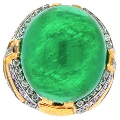 David Webb 18K Yellow Gold 54 Carat Cabochon Cut Green Emerald and Diamond Ring