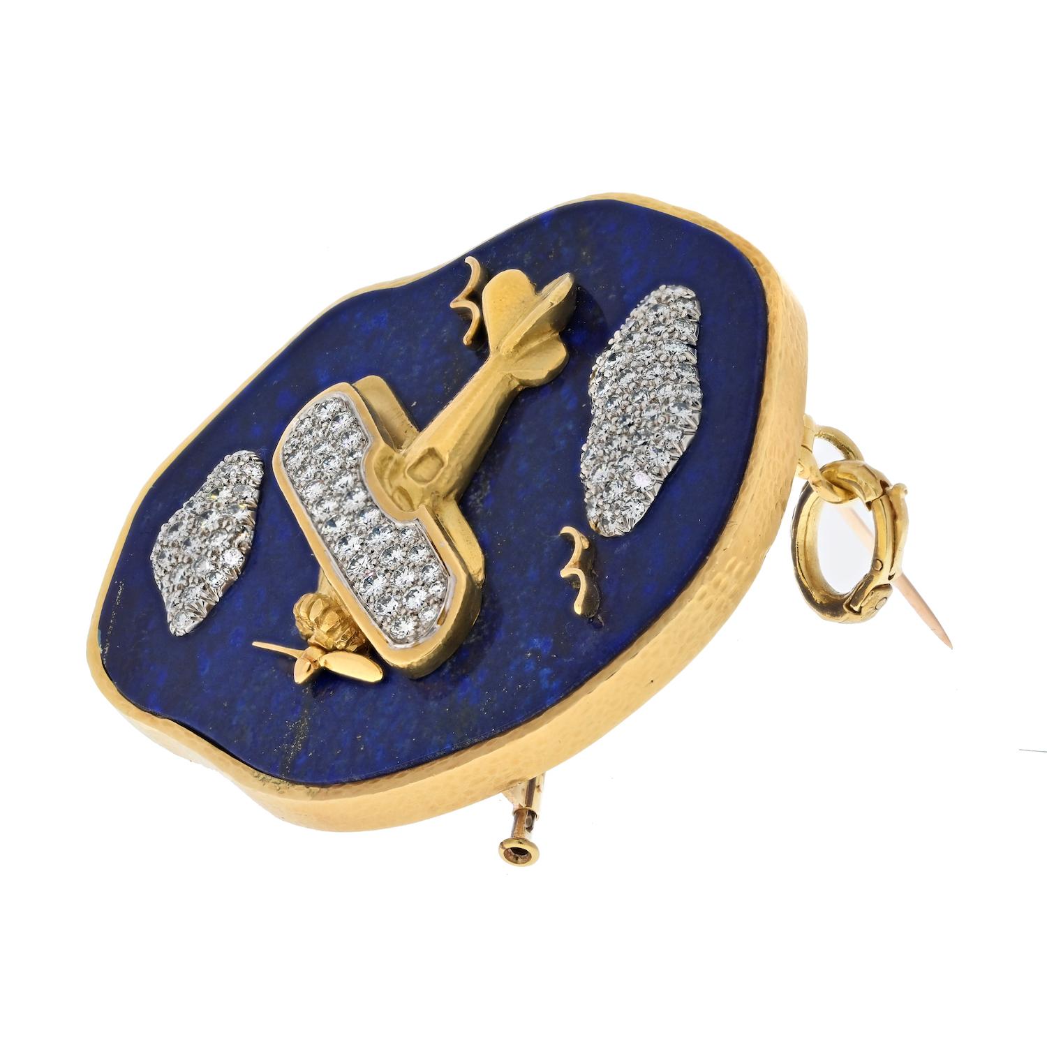 Moderne David Webb, broche pendentif avion en or jaune 18 carats, lapis et diamants en vente