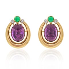 David Webb 18k Yellow Gold Amethyst and Cabochon Green Emeralds Earrings