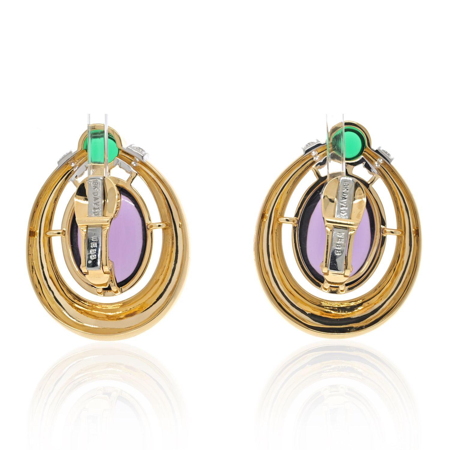 Modern David Webb 18k Yellow Gold Amethyst and Cabochon Green Emeralds Earrings For Sale