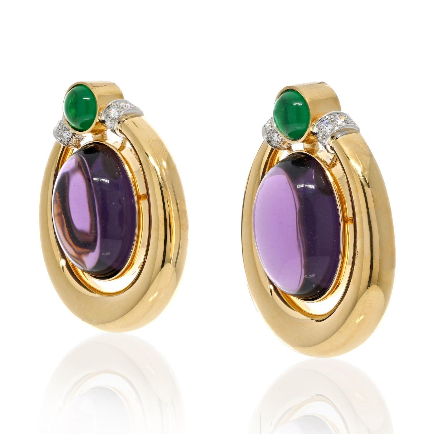 David Webb 18k Yellow Gold Amethyst and Cabochon Green Emeralds Earrings In Excellent Condition For Sale In New York, NY