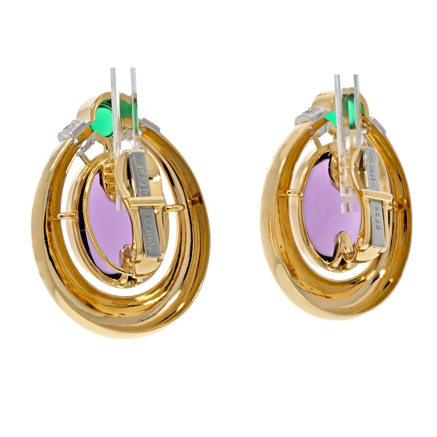 Women's David Webb 18k Yellow Gold Amethyst and Cabochon Green Emeralds Earrings For Sale