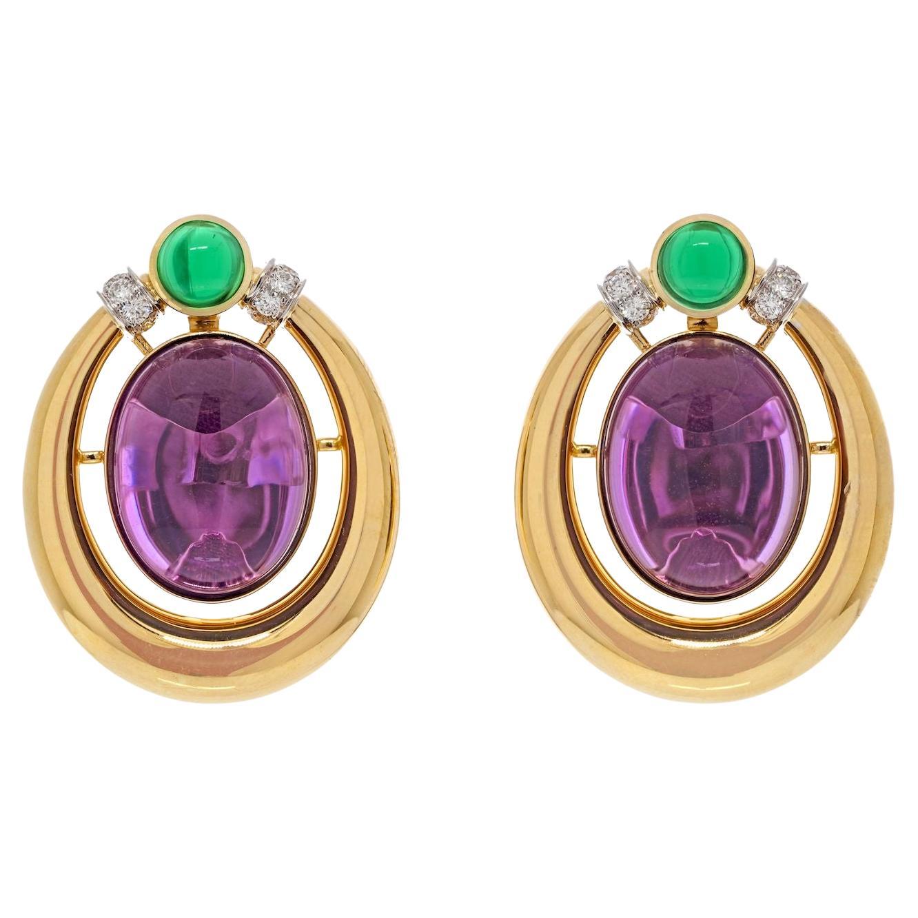 David Webb 18k Yellow Gold Amethyst and Cabochon Green Emeralds Earrings For Sale