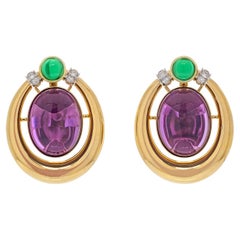 Vintage David Webb 18k Yellow Gold Amethyst and Cabochon Green Emeralds Earrings