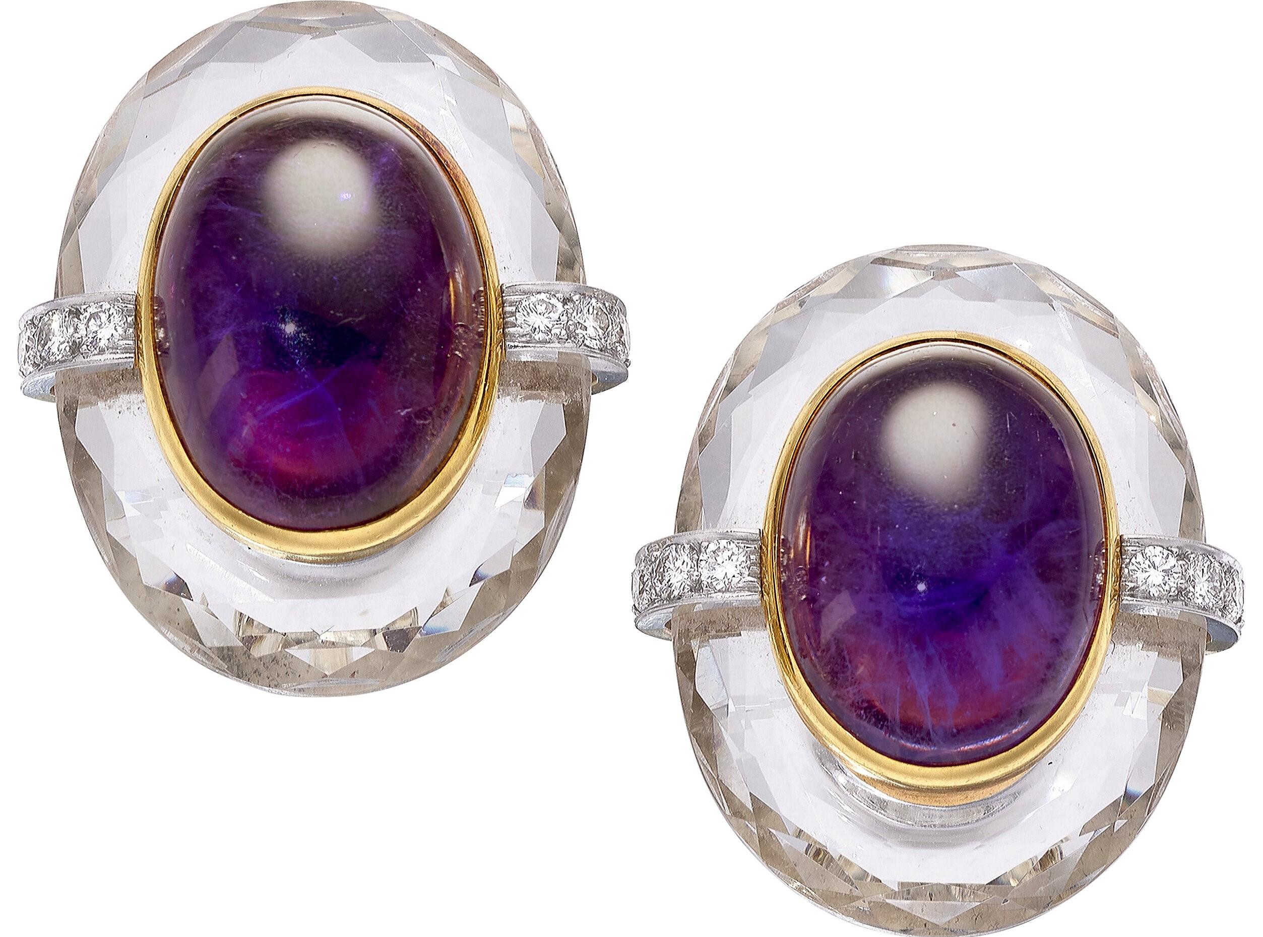 Modern David Webb 18k Yellow Gold Amethyst Clip-on Earrings with Diamonds & Crystal For Sale