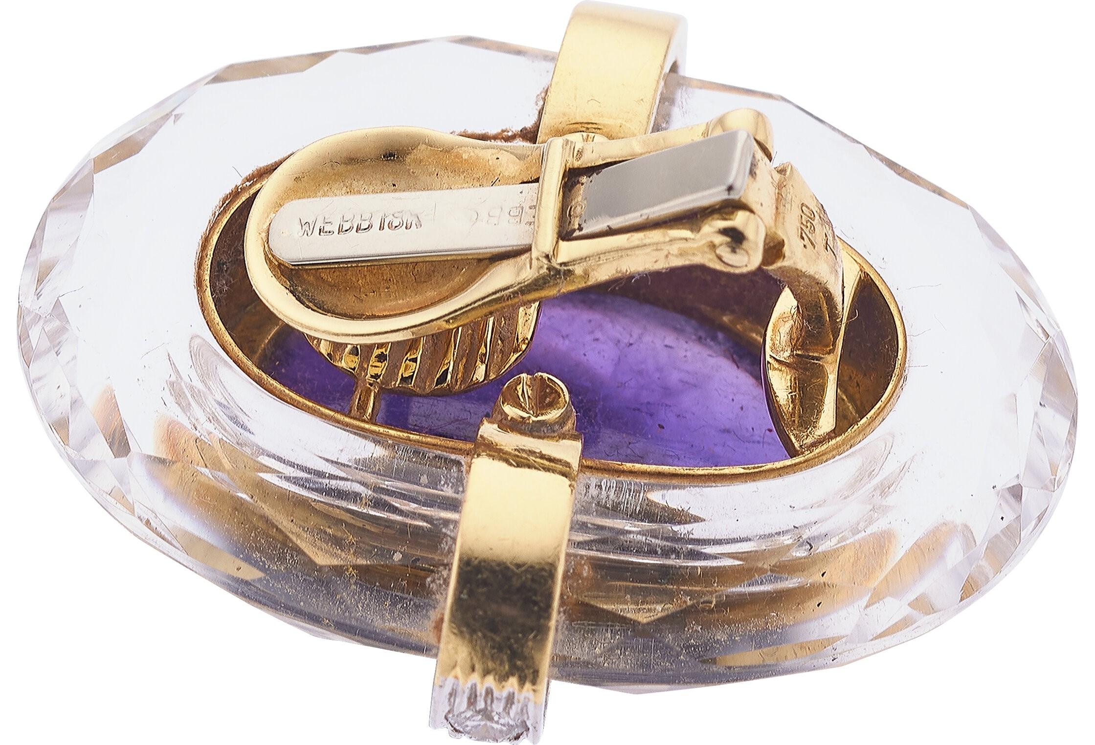 Women's or Men's David Webb 18k Yellow Gold Amethyst Clip-on Earrings with Diamonds & Crystal For Sale