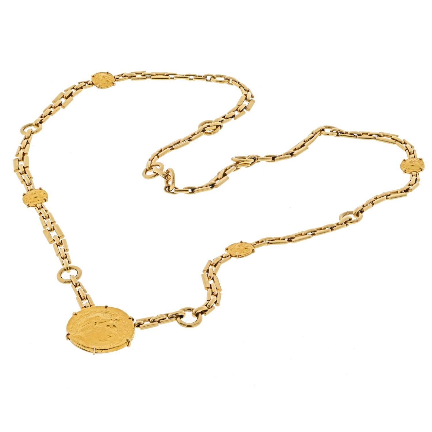 David Webb 18K Yellow Gold Ancient Greek Coin Long Chain Necklace In Excellent Condition For Sale In New York, NY