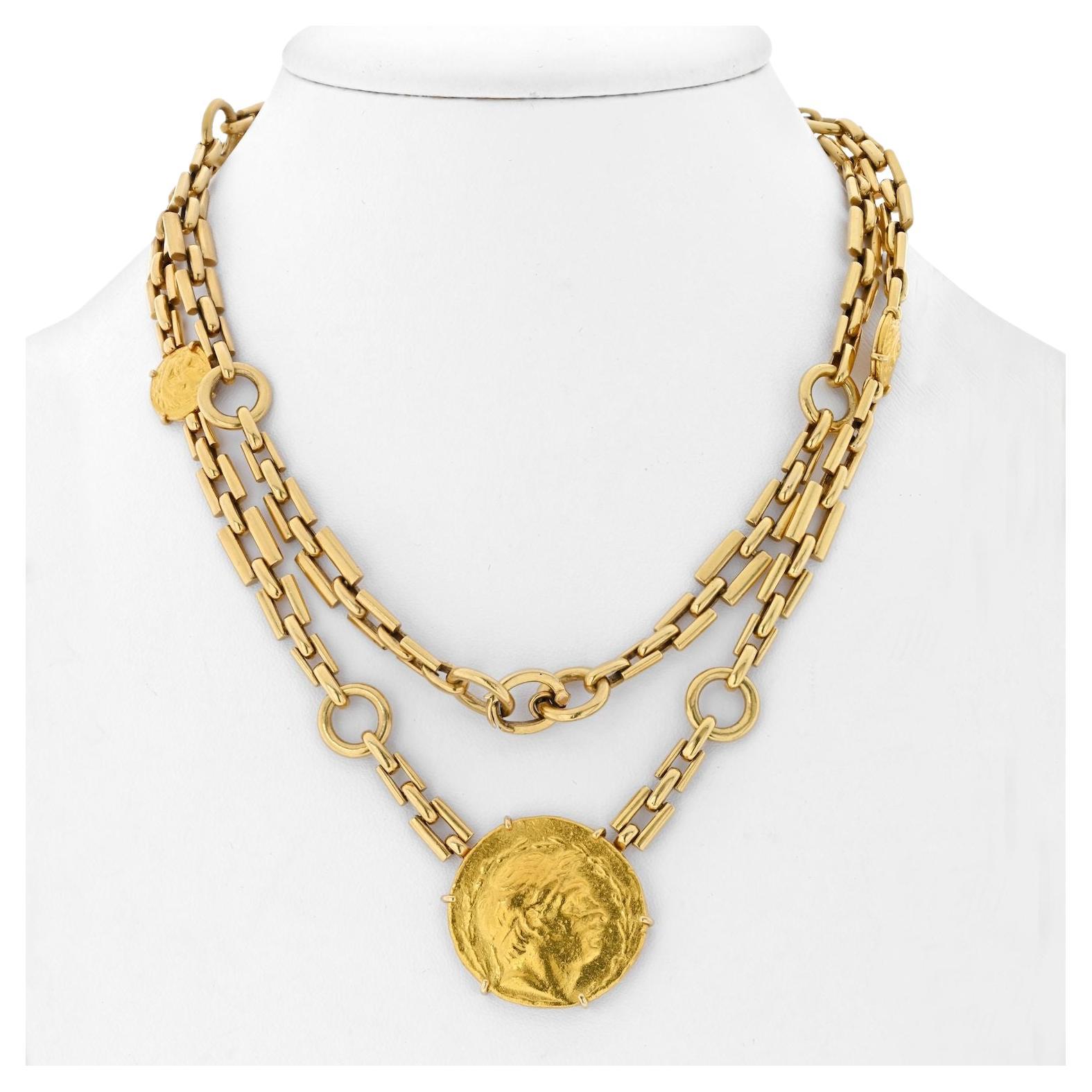David Webb, collier à longue chaîne en or jaune 18 carats avec pièce de monnaie grecque ancienne