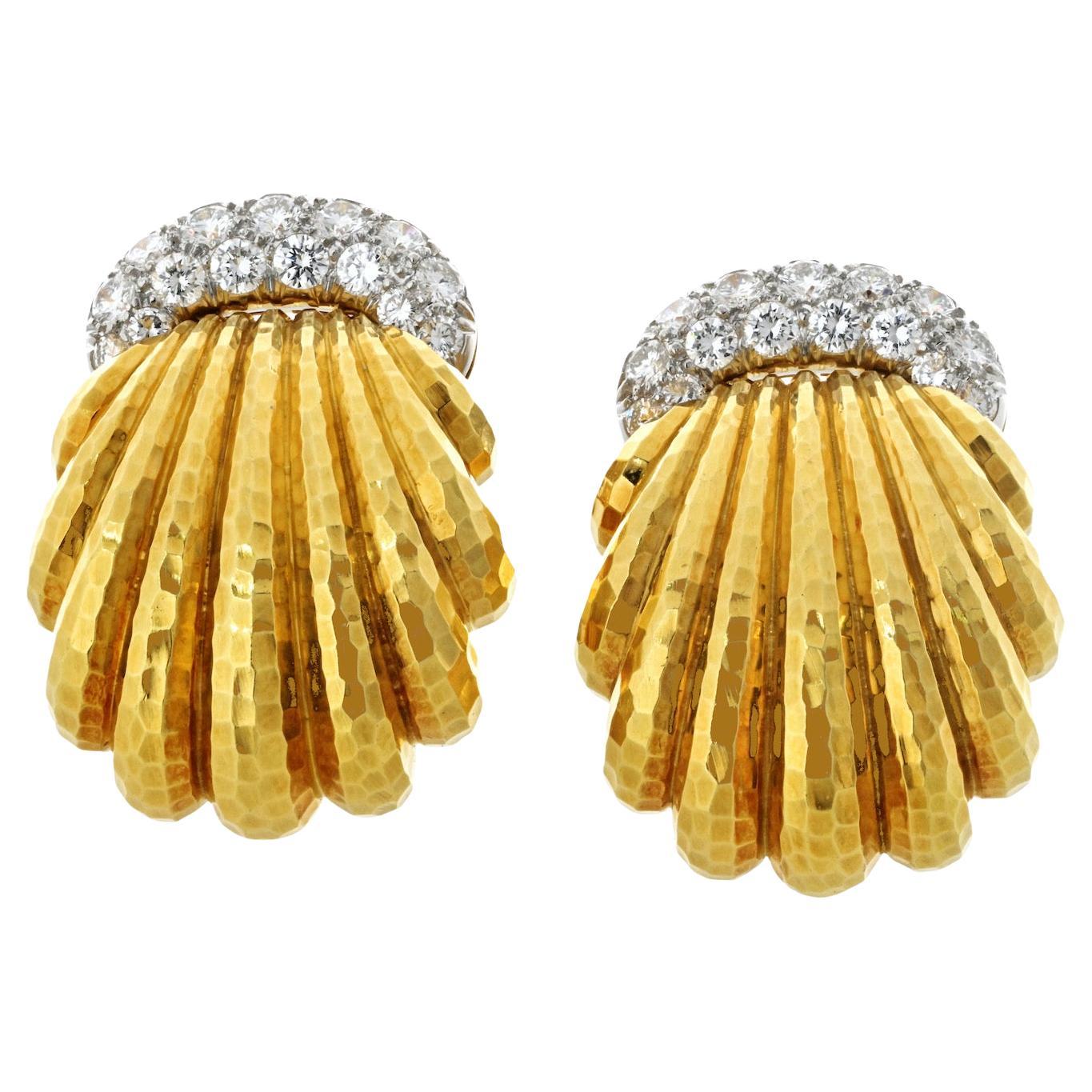 David Webb 18K Yellow Gold And Diamond Shell Style Clip Earrings
