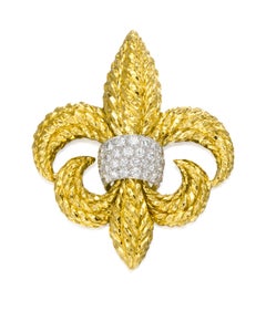 David Webb 18k Yellow Gold and Platinum 1.60 ct Diamond Fleur de Lis Brooch