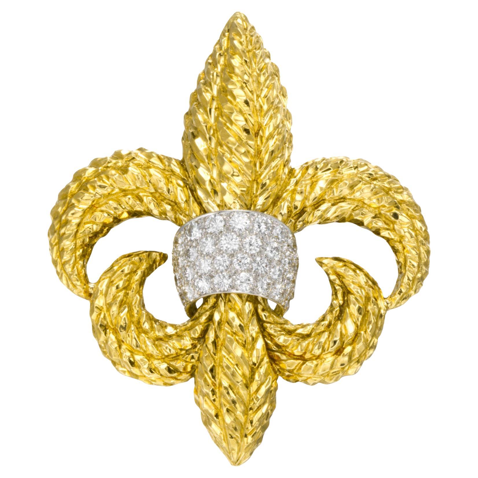 David Webb, spilla in oro giallo 18 carati e platino da 1,60 carati di diamanti Fleur de Lis