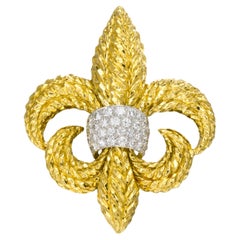 David Webb 18k Yellow Gold and Platinum 1.60 ct Diamond Fleur de Lis Brooch