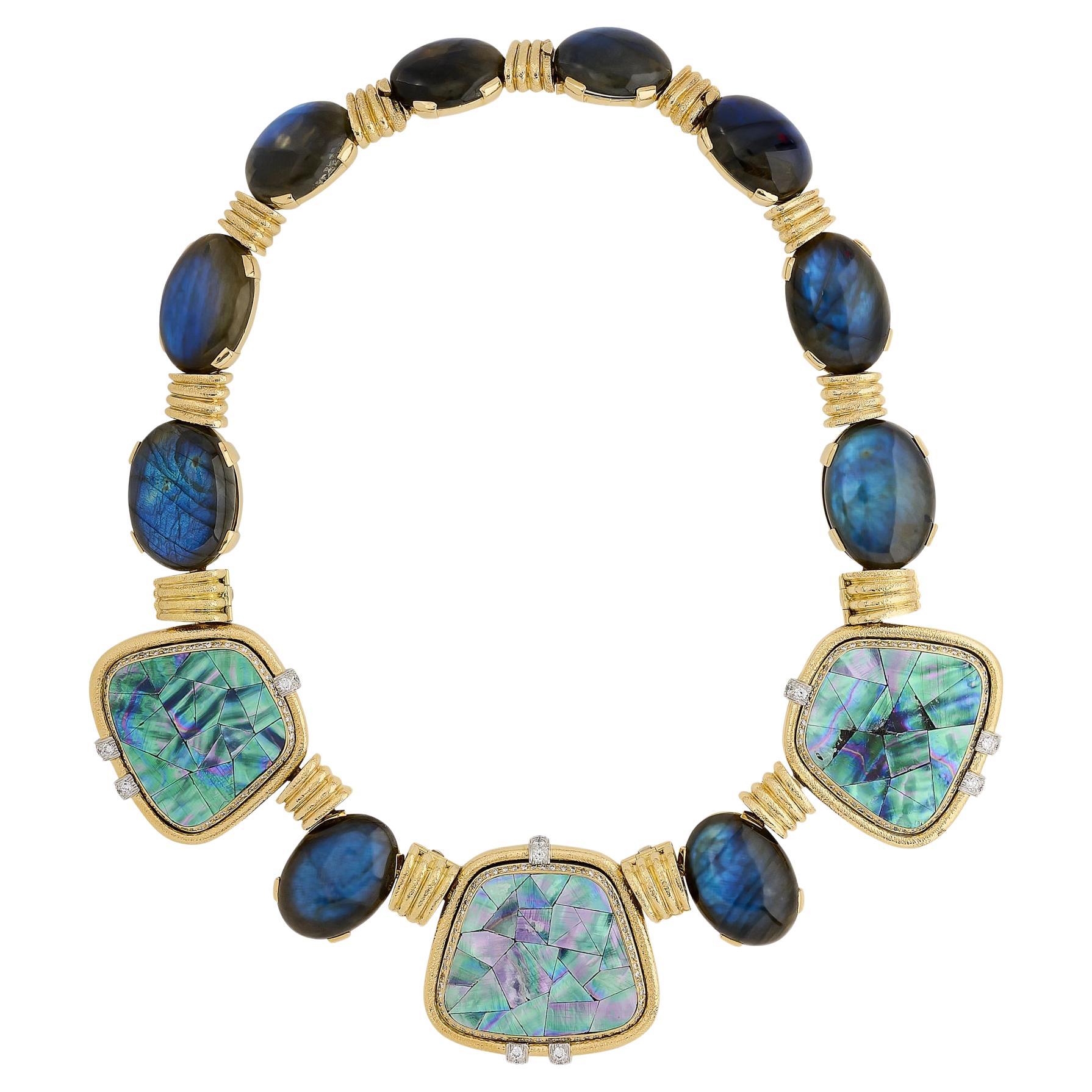 David Webb 18K Yellow Gold and Platinum Abalone Shell and Labradorite Necklace For Sale