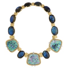 David Webb - Collier en or jaune 18 carats et platine avec coquille d'abalone et labradorite