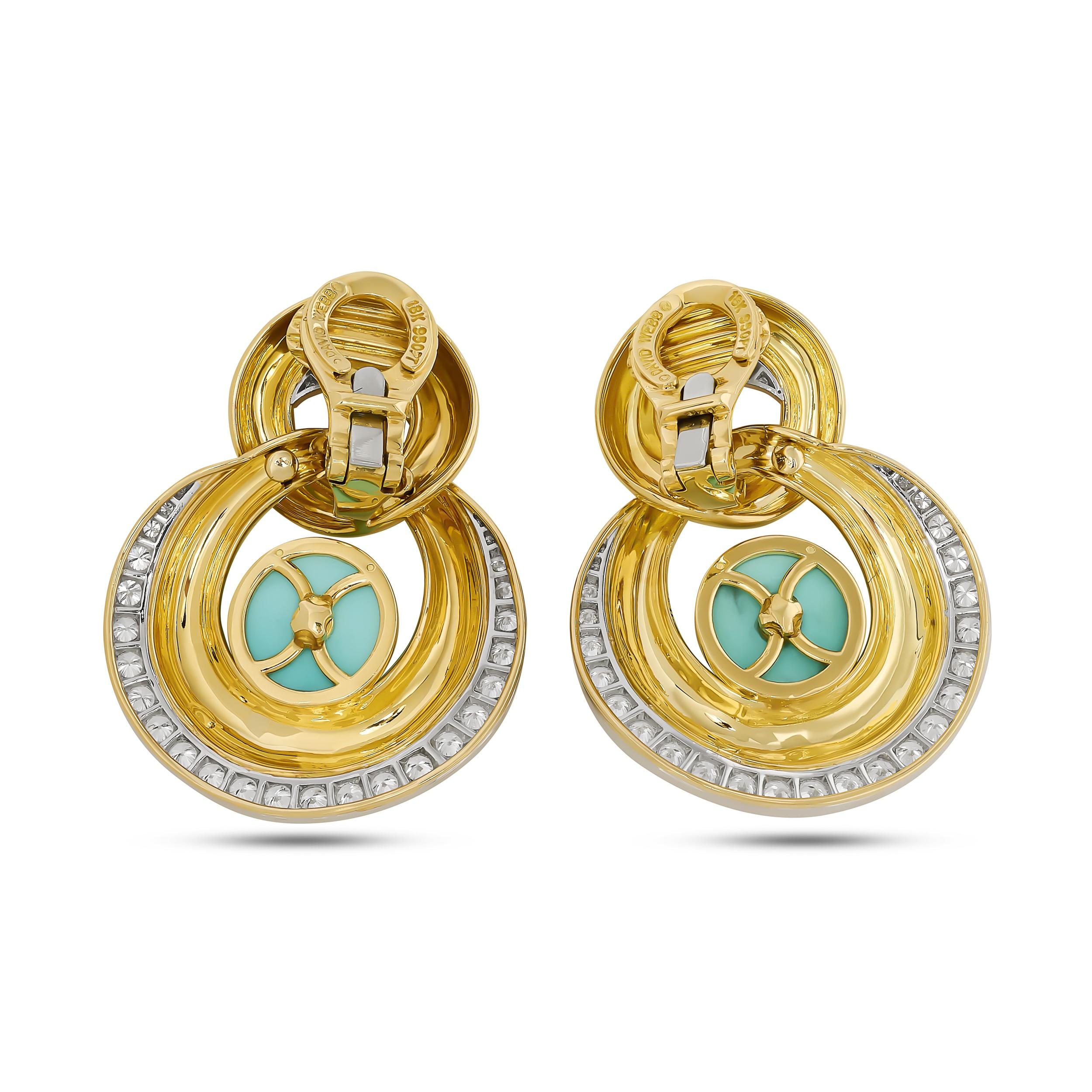 Cabochon David Webb Orecchini Oyster in oro giallo 18 carati e platino con diamanti e turchese in vendita