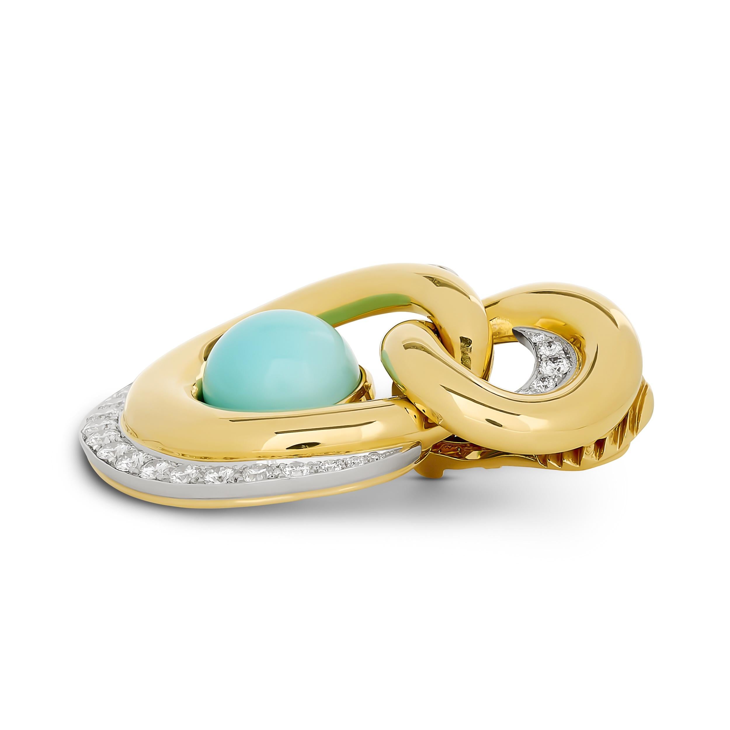 David Webb Orecchini Oyster in oro giallo 18 carati e platino con diamanti e turchese In condizioni ottime in vendita a Philadelphia, PA